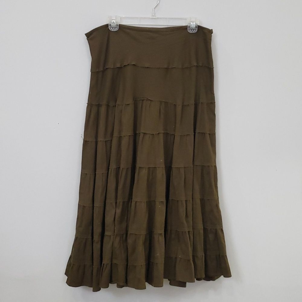 Studio JPR Skirt Womens Med Cotton Tiered Olive Green Maxi Hippie Cottagecore